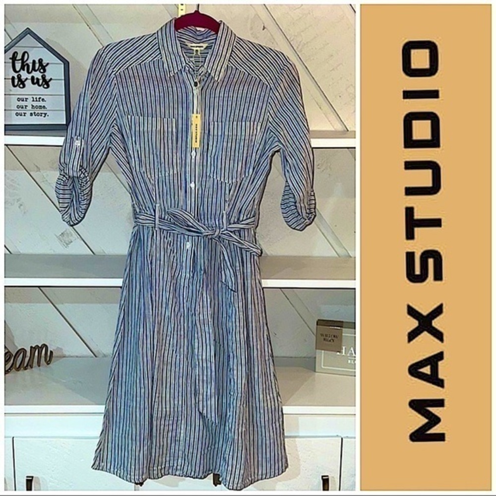 NWT - MAX STUDIO - Blue & White Stripe Button Down Dress - XS